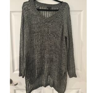 Sen Open Knit Sweater Gray V Neck Oversized Long Sleeve Asym Hem‎ Size Wabi Sabi